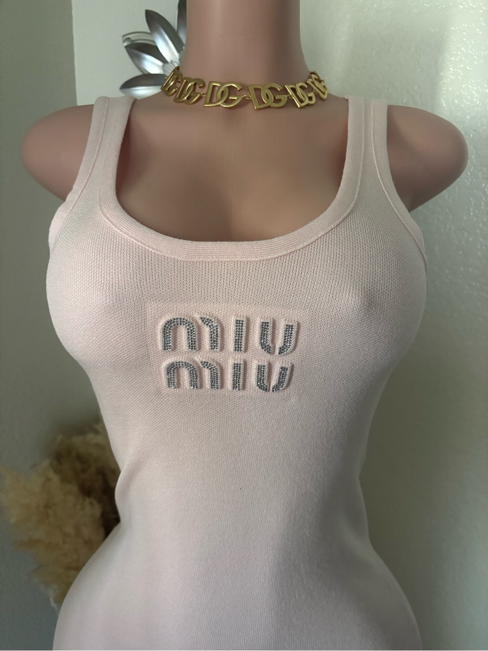 Miu Miu Light Pink Logo Knit Tank Dress - Picture 2 of 3